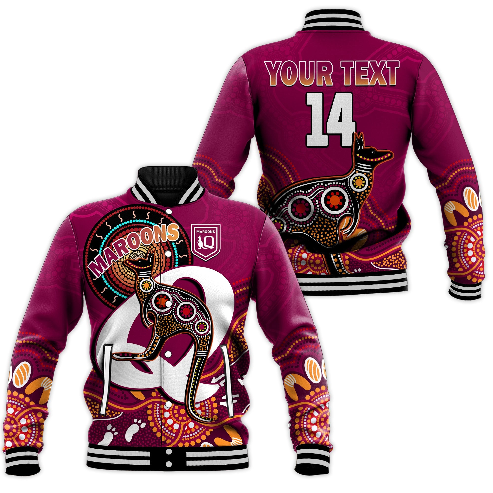 custom-text-and-number-maroons-rugby-baseball-jacket-queensland-kangaroo-aboriginal-dot-paintings