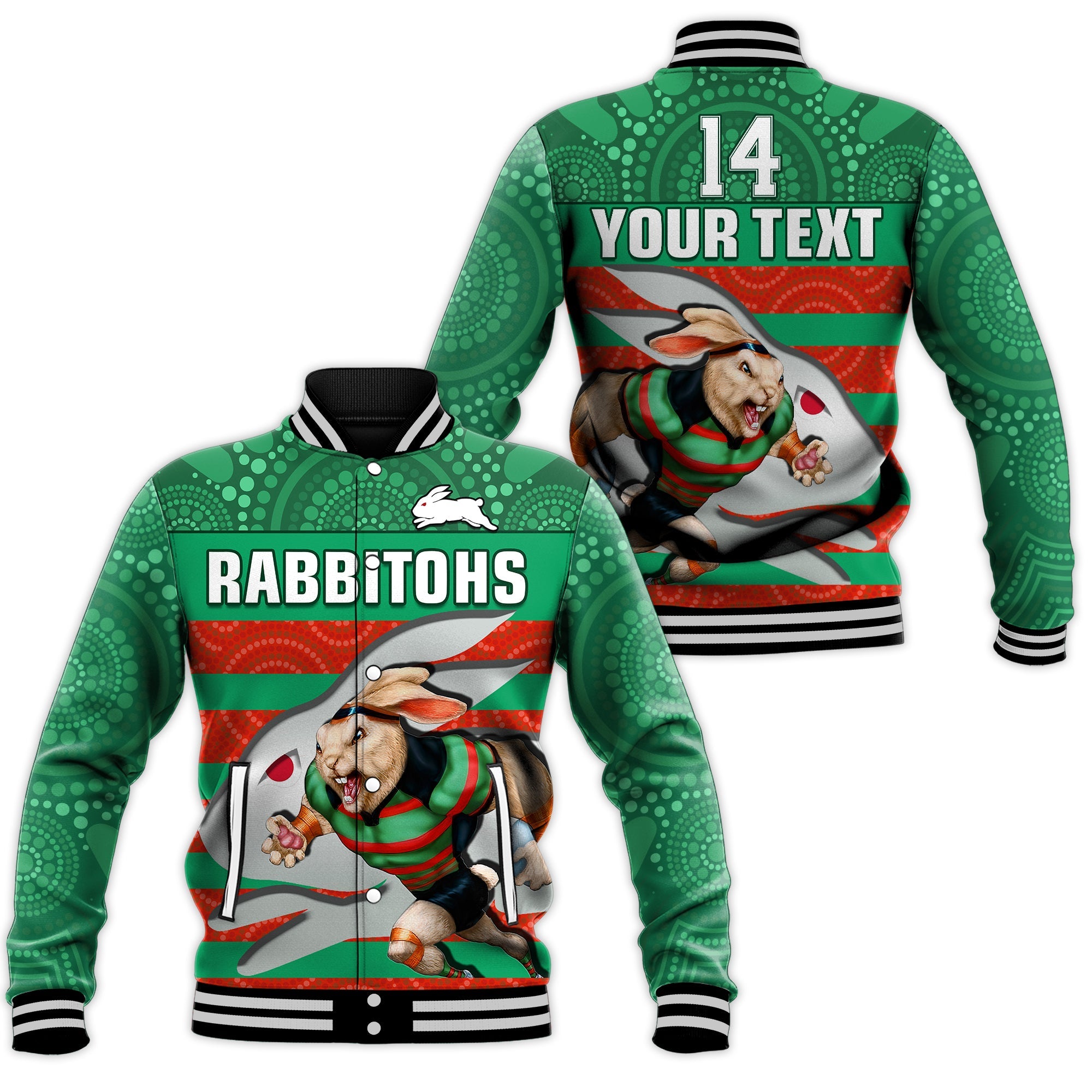 custom-text-and-number-rabbitohs-rugby-baseball-jacket-aboriginal-dot-painting-glory-glory-sporty-style