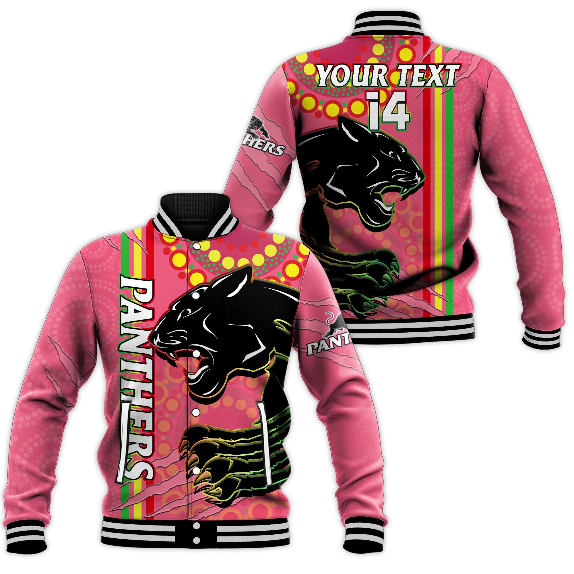 custom-text-and-number-panthers-rugby-baseball-jacket-the-mountain-men-aboriginal-art-dynamic-pink-version