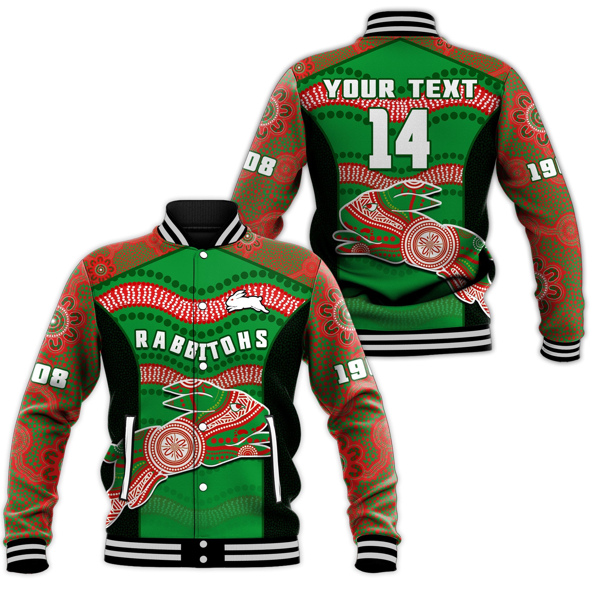 custom-text-and-number-rabbitohs-rugby-baseball-jacket-souths-1908-aboriginal-dot-painting-go-bunnies