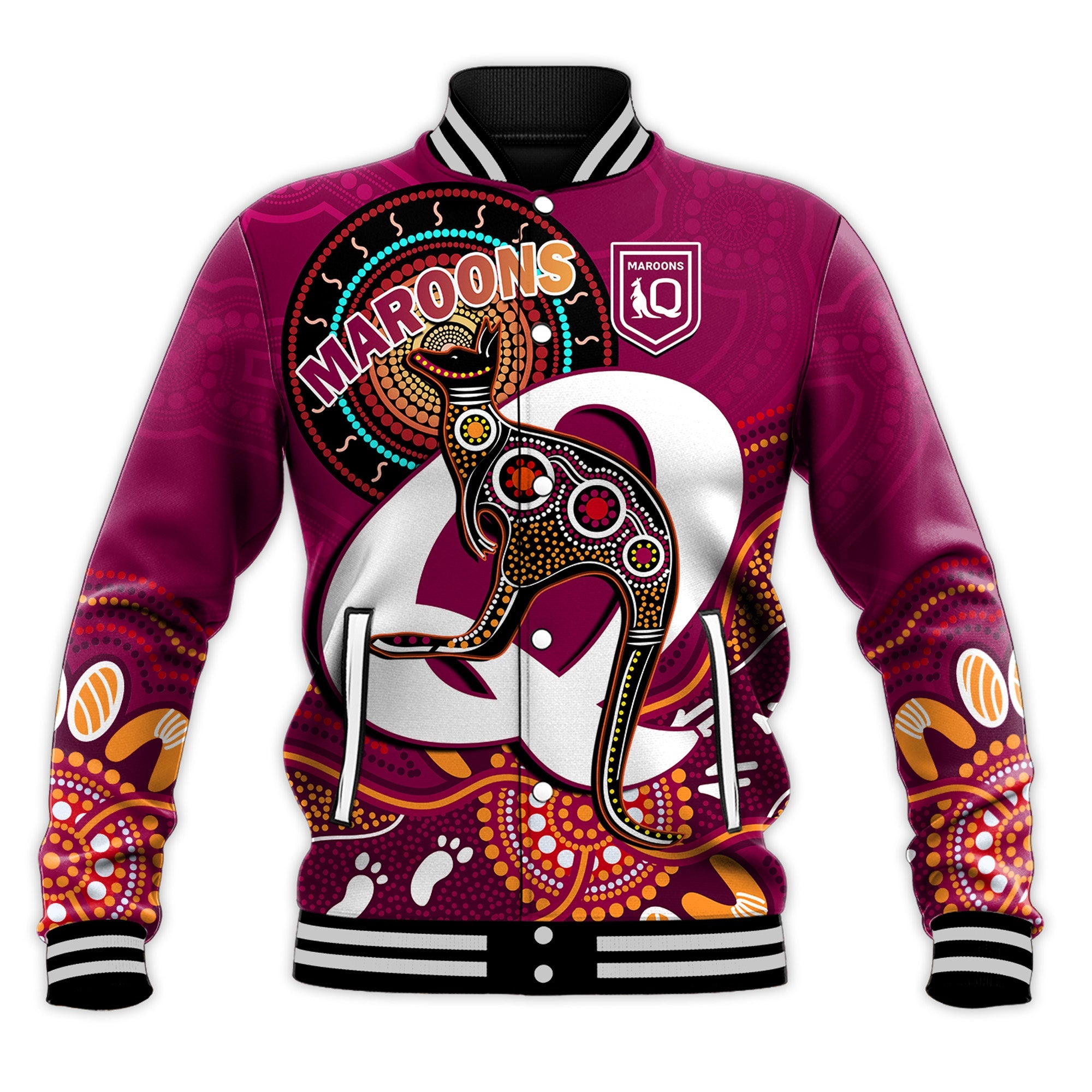 custom-text-and-number-maroons-rugby-baseball-jacket-queensland-kangaroo-aboriginal-dot-paintings