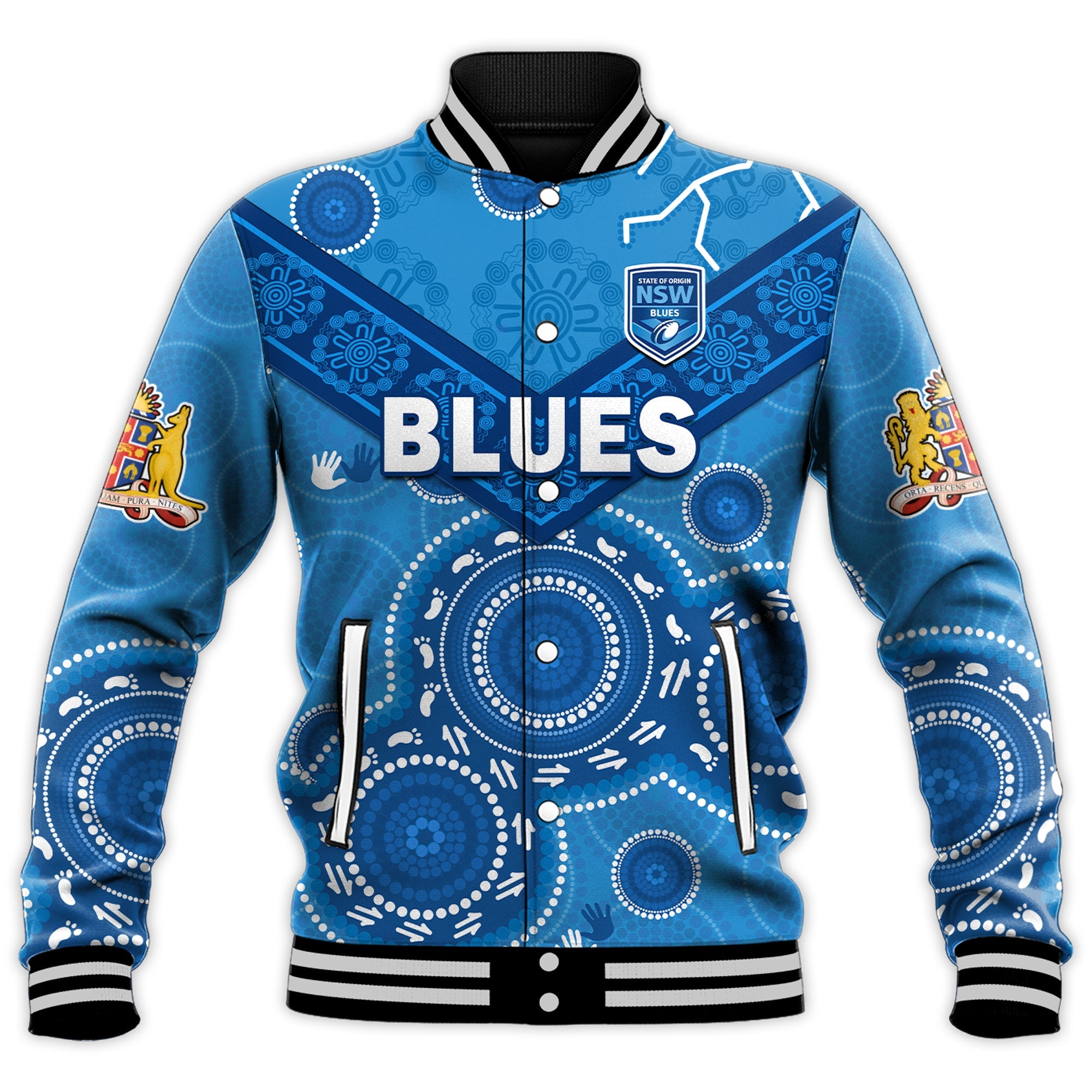 custom-text-and-number-nsw-blues-rugby-baseball-jacket-new-south-wales-aboriginal-dot-painting-unique-version