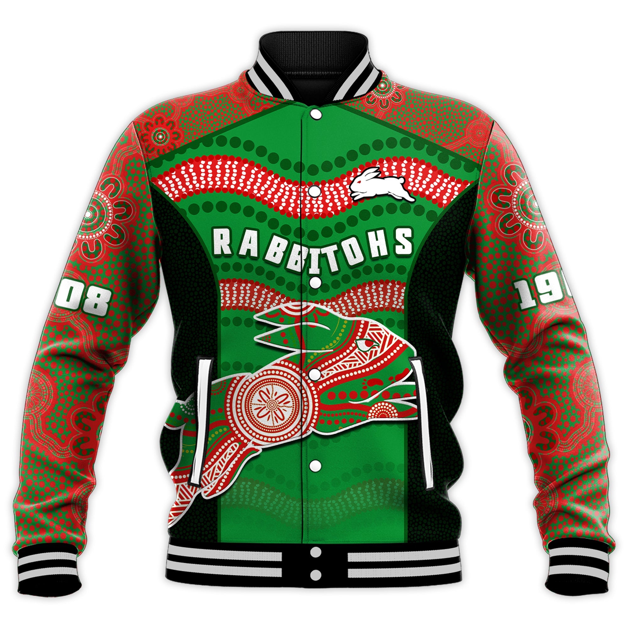 rabbitohs-rugby-baseball-jacket-souths-1908-aboriginal-dot-painting-go-bunnies