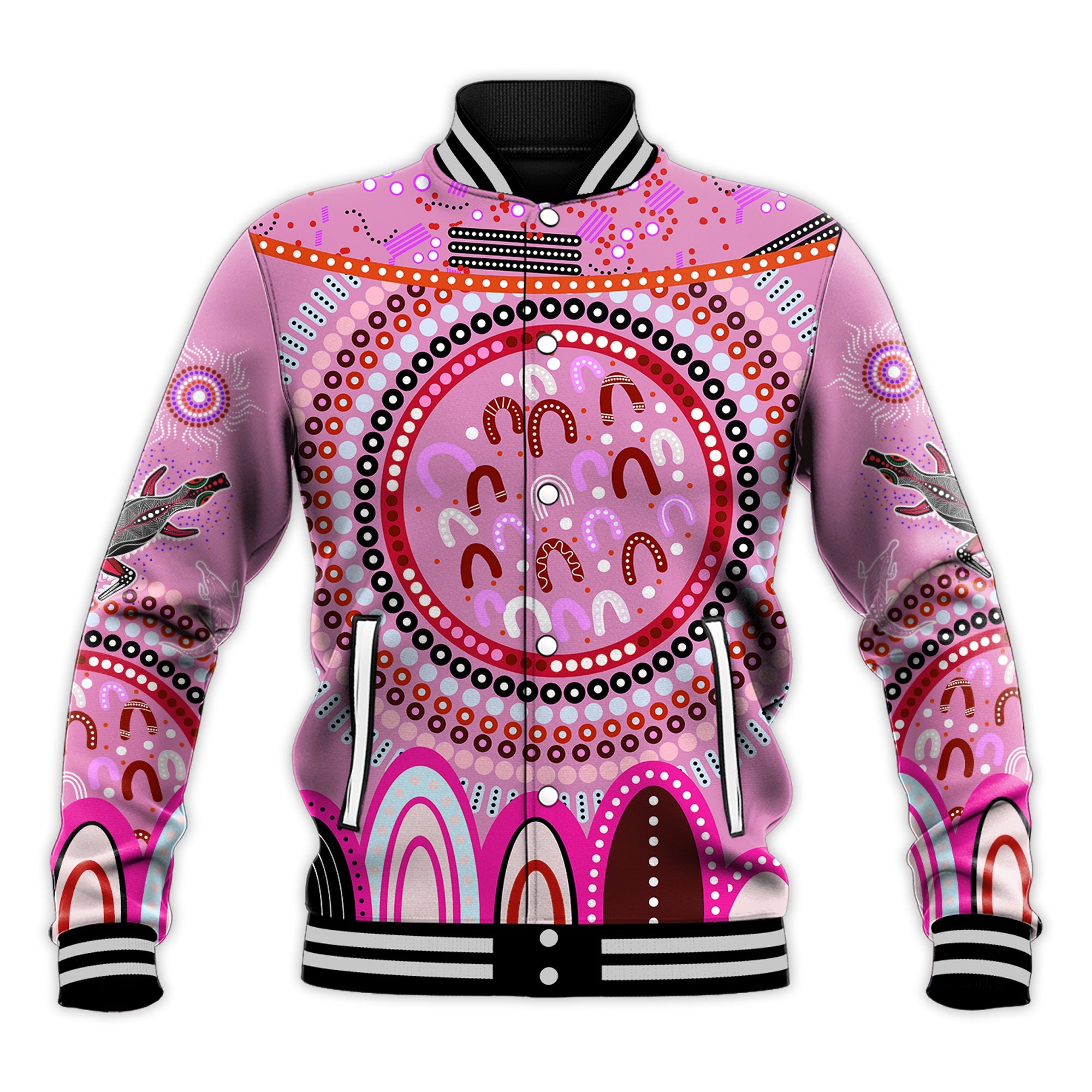 custom-text-and-number-aboriginal-stand-up-baseball-jacket-circle-dot-with-lizard-version-pink