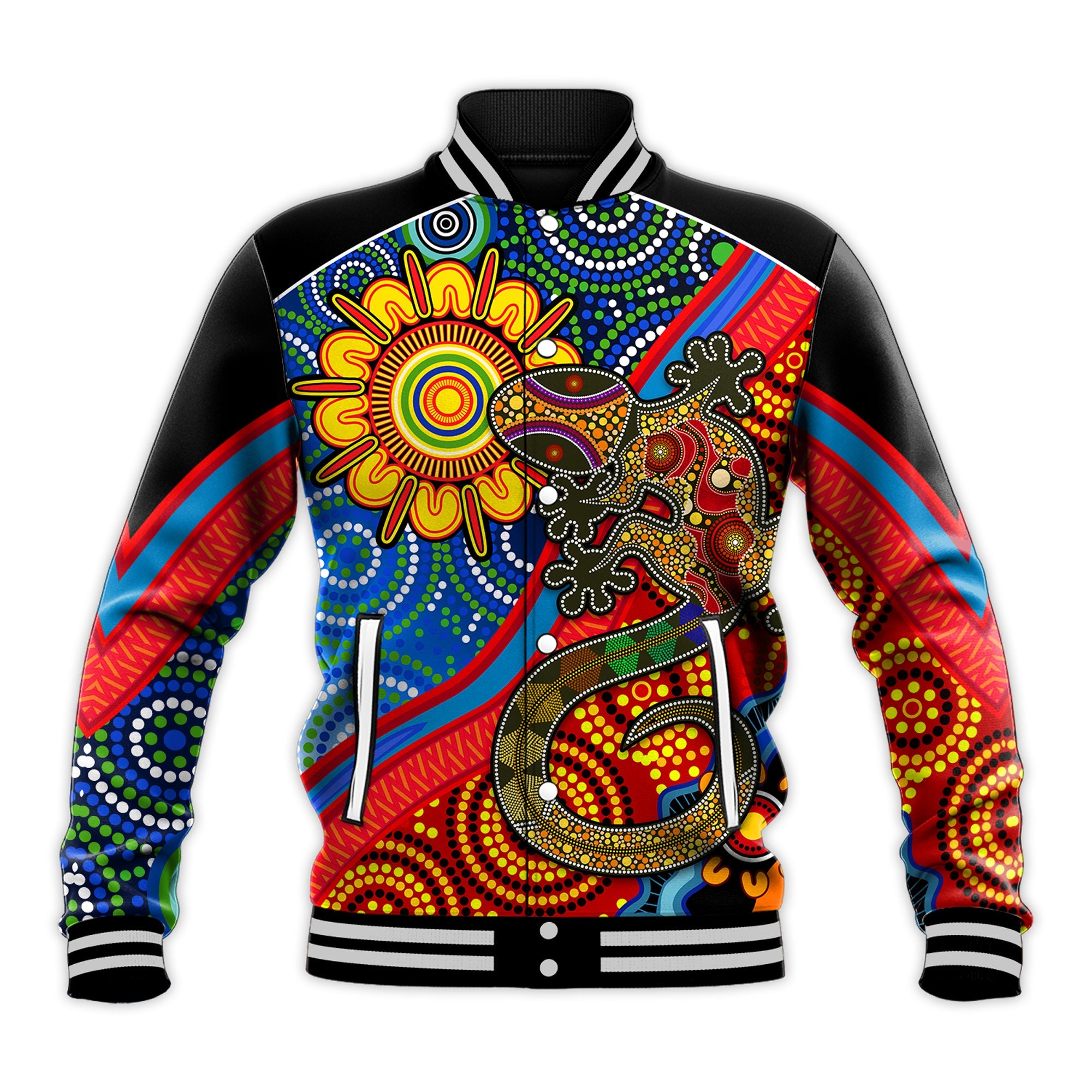 custom-text-and-number-australia-lizard-and-sun-baseball-jacket-aboriginal-art-speical