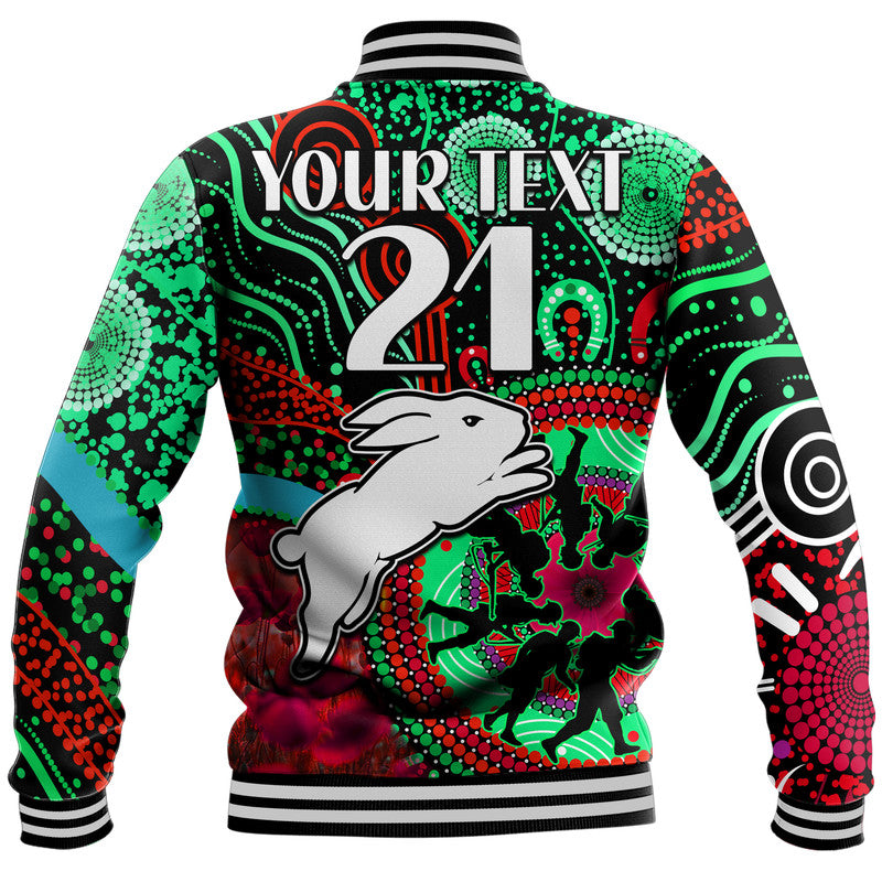 custom-personalised-rabbitohs-rugby-anzac-baseball-jacket-aboriginal-military-and-poppy-flowers