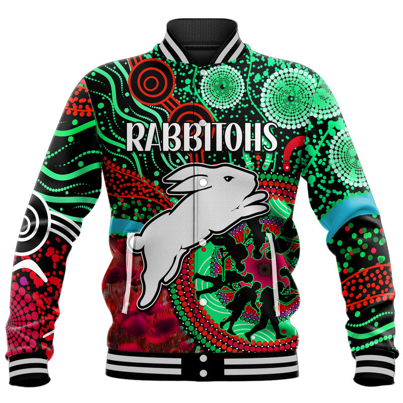 custom-personalised-rabbitohs-rugby-anzac-baseball-jacket-aboriginal-military-and-poppy-flowers