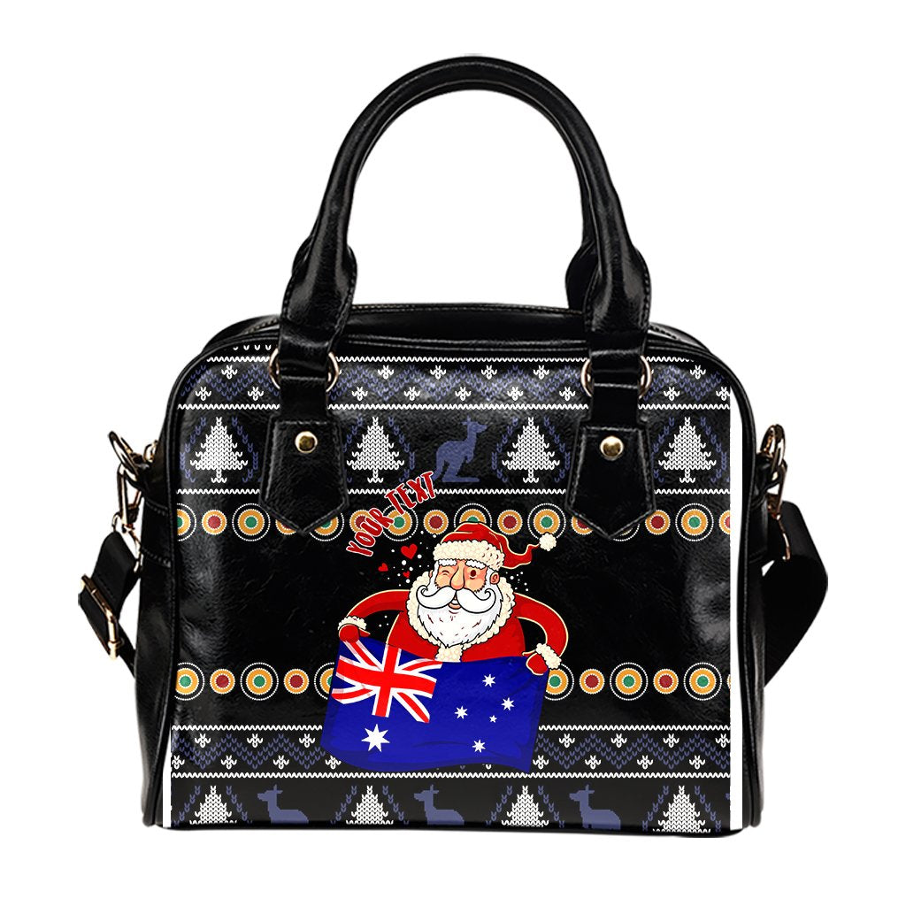 Christmas  Personalised Shoulder Handbag - Australia Santa Claus Hold The Flag ( Black) - Vibe Hoodie