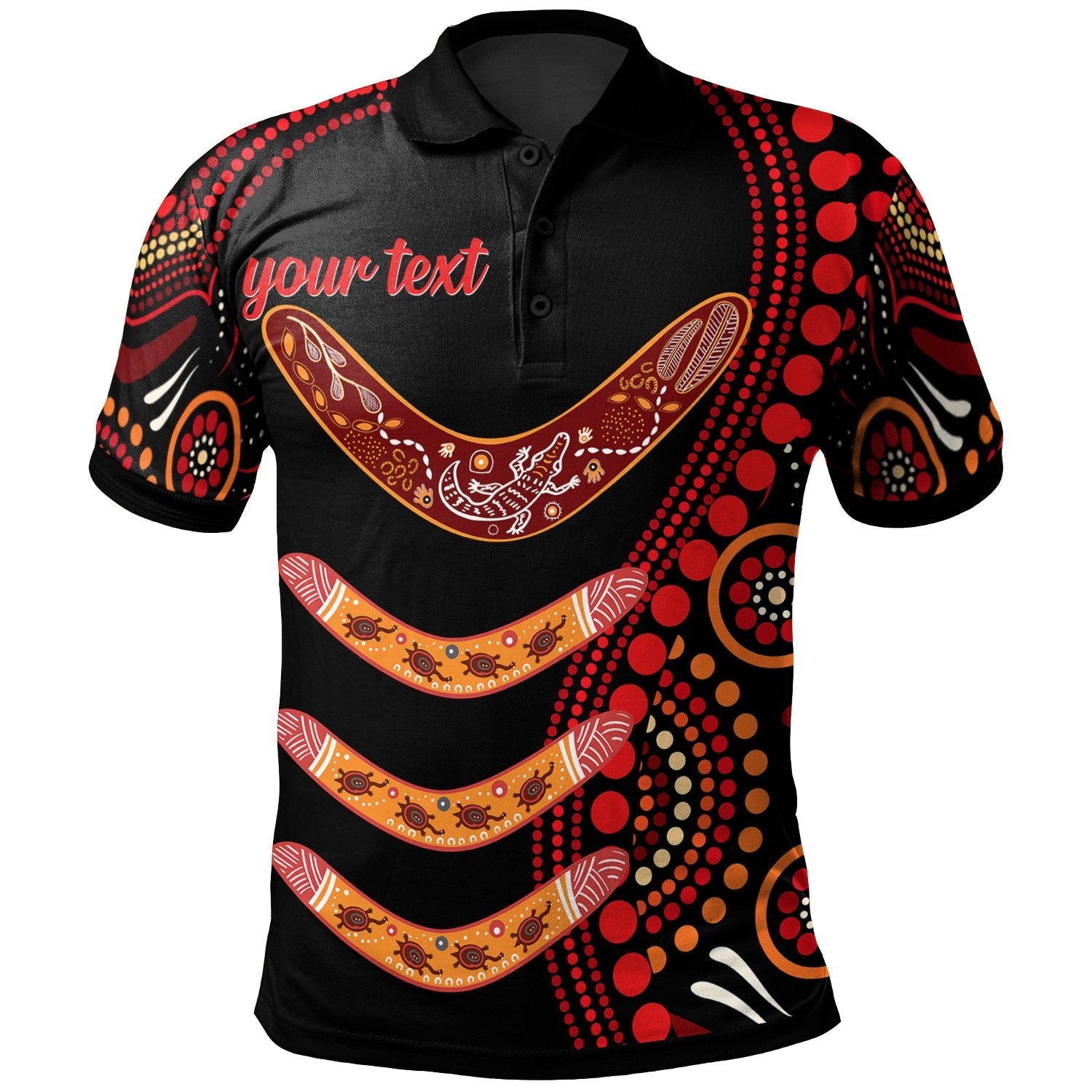 aboriginal-personalised-polo-shirt-aboriginal-boomerangs-with-dot-painting-pattern