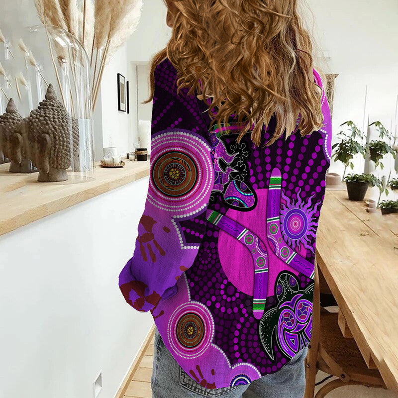 aboriginal-naidoc-week-2022-women-casual-shirt-purple-turtle-lizard-sun