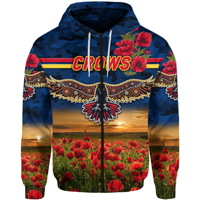 (Custom Personalised) Adelaide Crows ANZAC Zip Up And Pullover Hoodie Poppy Vibes - Navy Blue LT8