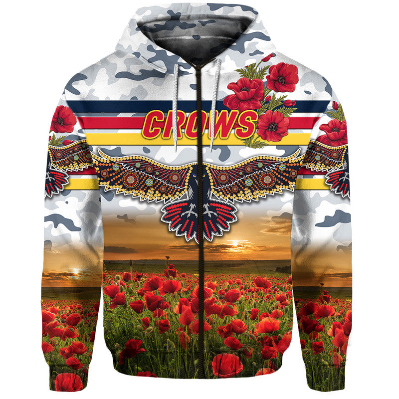 (Custom Personalised) Adelaide Crows ANZAC Zip Up And Pullover Hoodie Poppy Vibes - White LT8