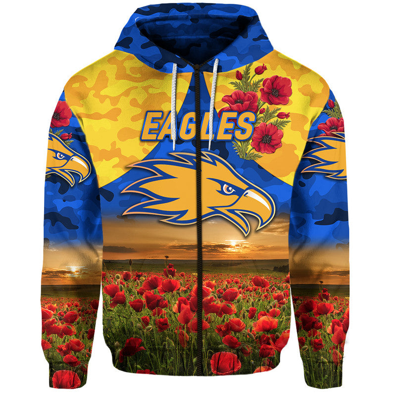 West Coast Eagles ANZAC Zip Up And Pullover Hoodie Poppy Vibes - Royal Blue  LT8