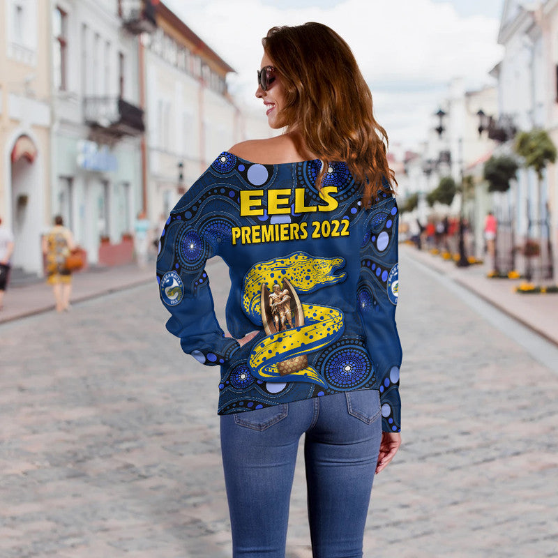 parramatta-eels-rugby-premiers-2022-women-off-shoulder-sweater-eels-champion-aboriginal-dot-blue-style