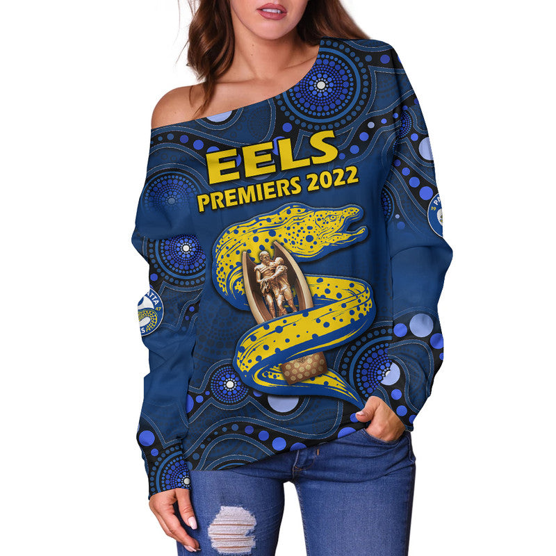 parramatta-eels-rugby-premiers-2022-women-off-shoulder-sweater-eels-champion-aboriginal-dot-blue-style