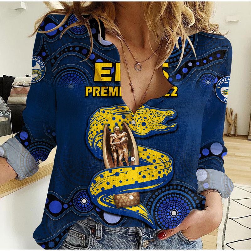 parramatta-eels-rugby-premiers-2022-women-casual-shirt-eels-champion-aboriginal-dot-blue-style