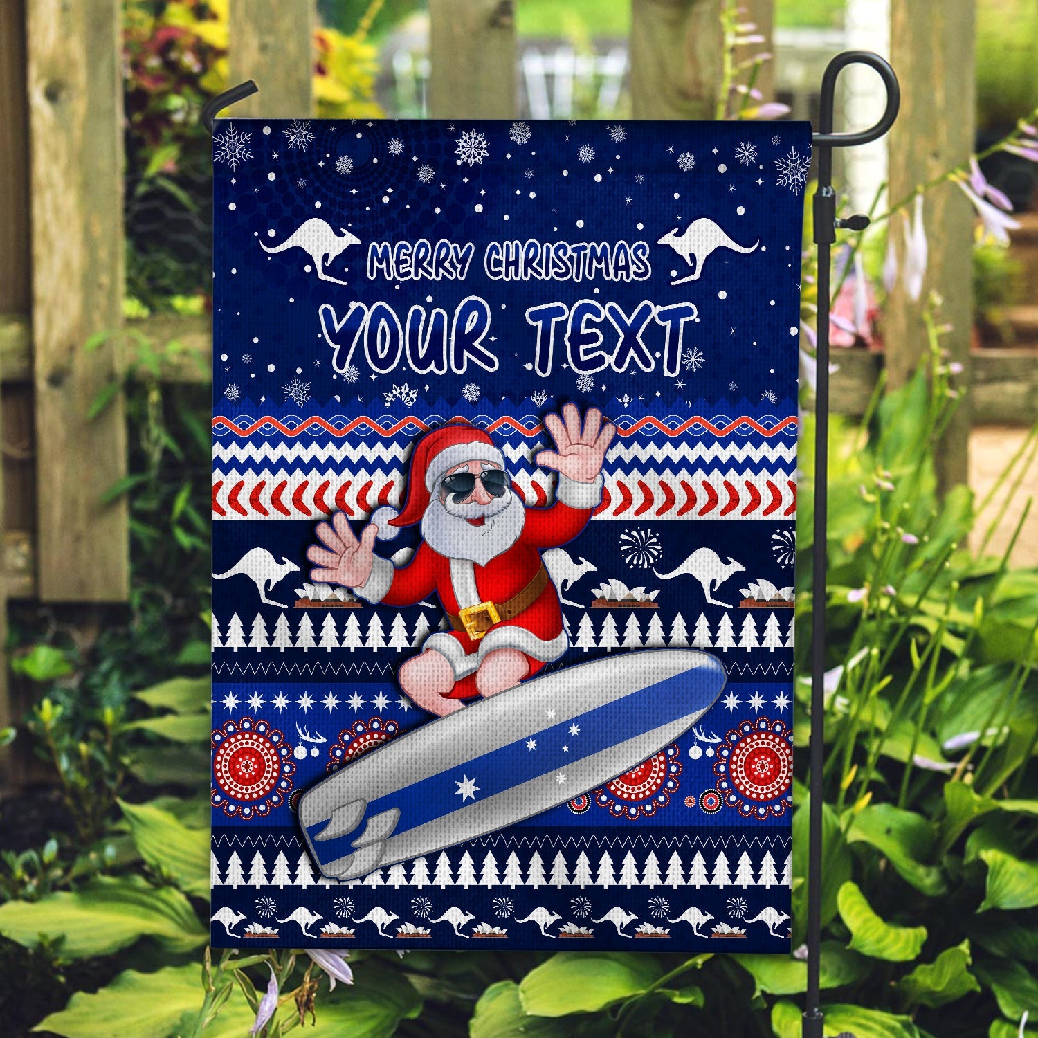 custom-personalised-australia-christmas-flag-aussie-aboriginal-santa-claus-is-surfing-with-kangaroo