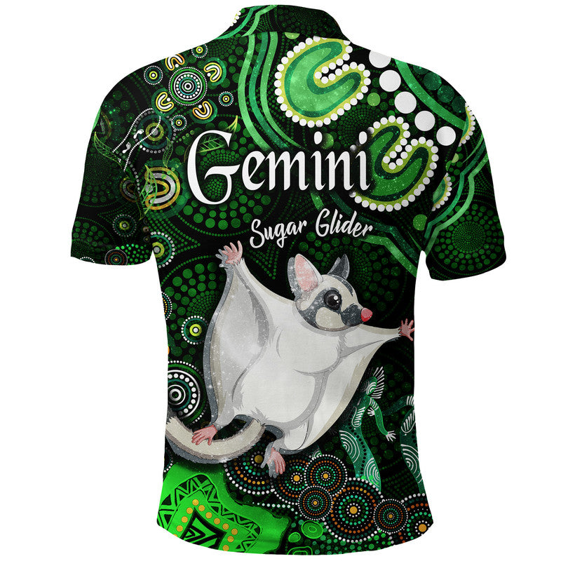 australian-astrology-polo-shirt-gemini-sugar-glider-zodiac-aboriginal-vibes-green