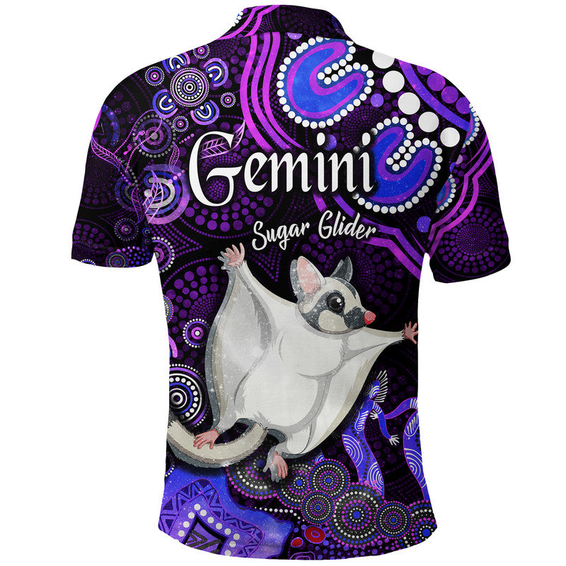 australian-astrology-polo-shirt-gemini-sugar-glider-zodiac-aboriginal-vibes-purple