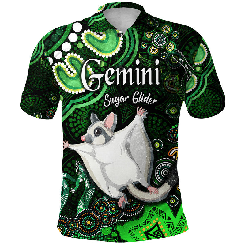 australian-astrology-polo-shirt-gemini-sugar-glider-zodiac-aboriginal-vibes-green