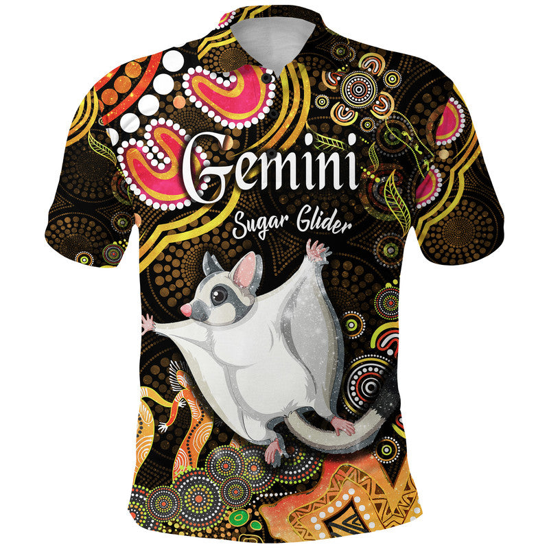 australian-astrology-polo-shirt-gemini-sugar-glider-zodiac-aboriginal-vibes-gold