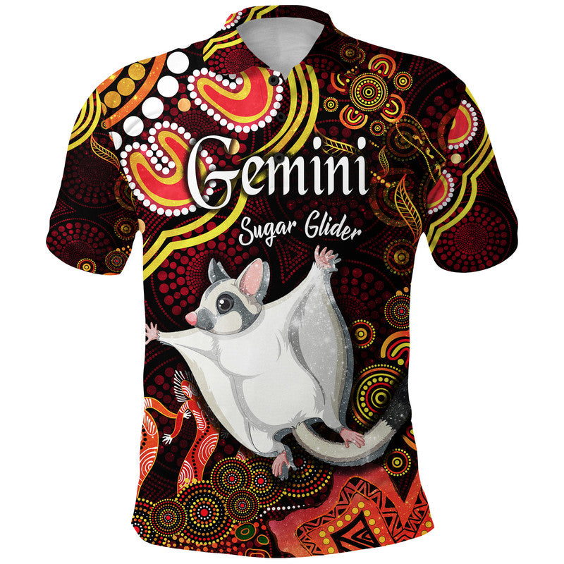 australian-astrology-polo-shirt-gemini-sugar-glider-zodiac-aboriginal-vibes-red