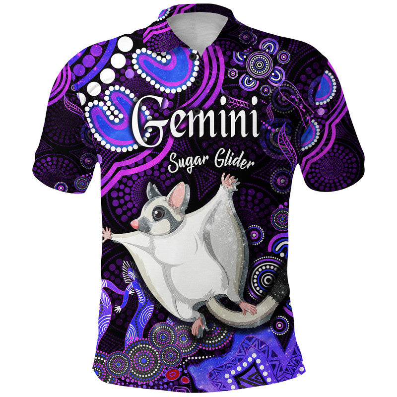 custom-personalised-australian-astrology-polo-shirt-gemini-sugar-glider-zodiac-aboriginal-vibes-purple