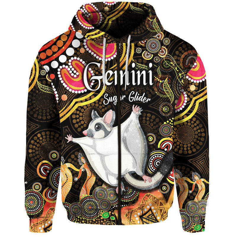 custom-personalised-australian-astrology-zip-up-and-pullover-hoodie-gemini-sugar-glider-zodiac-aboriginal-vibes-gold