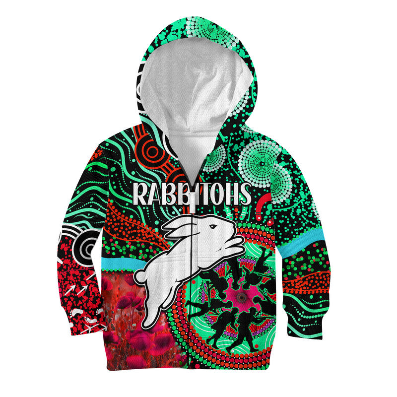 rabbitohs-rugby-anzac-kid-hoodie-aboriginal-military-and-poppy-flowers