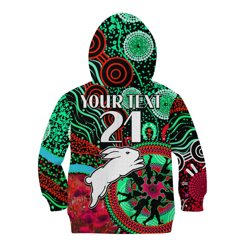 custom-personalised-rabbitohs-rugby-anzac-kid-hoodie-aboriginal-military-and-poppy-flowers