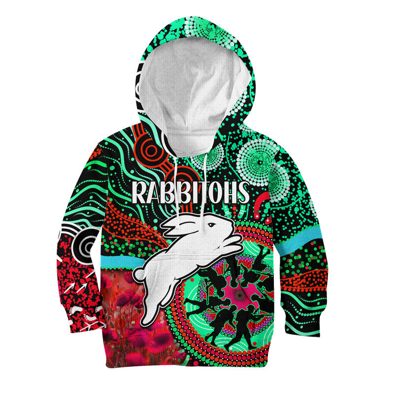 rabbitohs-rugby-anzac-kid-hoodie-aboriginal-military-and-poppy-flowers