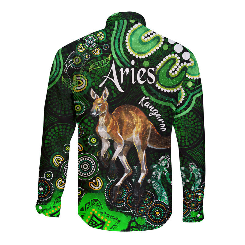 australian-astrology-hawaii-long-sleeve-button-shirt-aries-kangaroo-zodiac-aboriginal-vibes-green