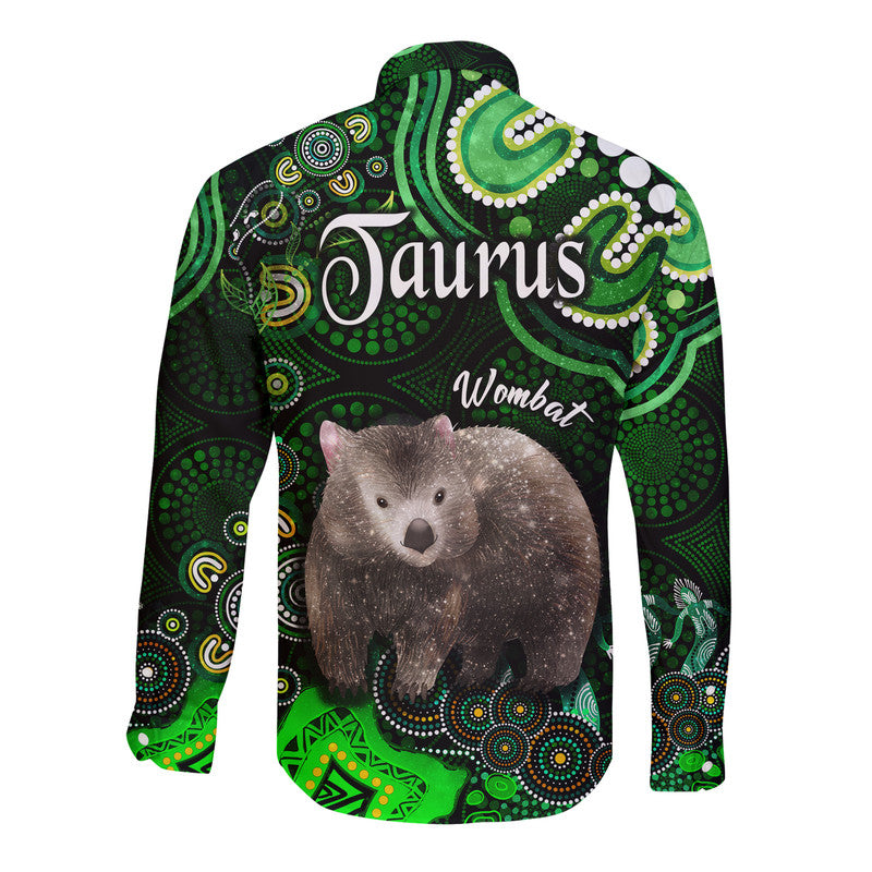 australian-astrology-hawaii-long-sleeve-button-shirt-taurus-wombat-zodiac-aboriginal-vibes-green