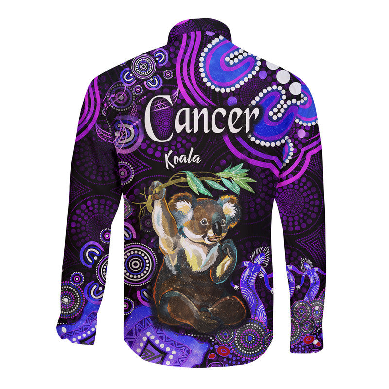 australian-astrology-hawaii-long-sleeve-button-shirt-cancer-koala-zodiac-aboriginal-vibes-purple