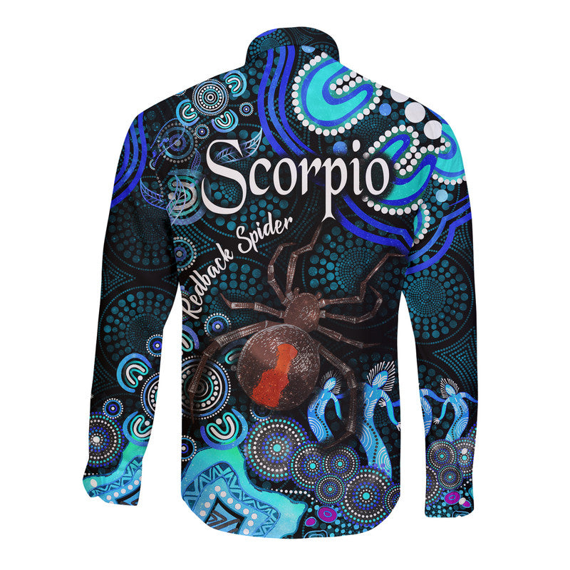 australian-astrology-hawaii-long-sleeve-button-shirt-scorpio-redback-spider-zodiac-aboriginal-vibes-blue