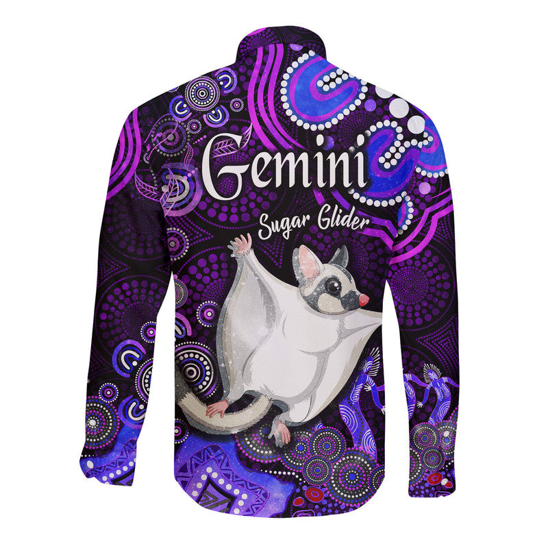 australian-astrology-hawaii-long-sleeve-button-shirt-gemini-sugar-glider-zodiac-aboriginal-vibes-purple