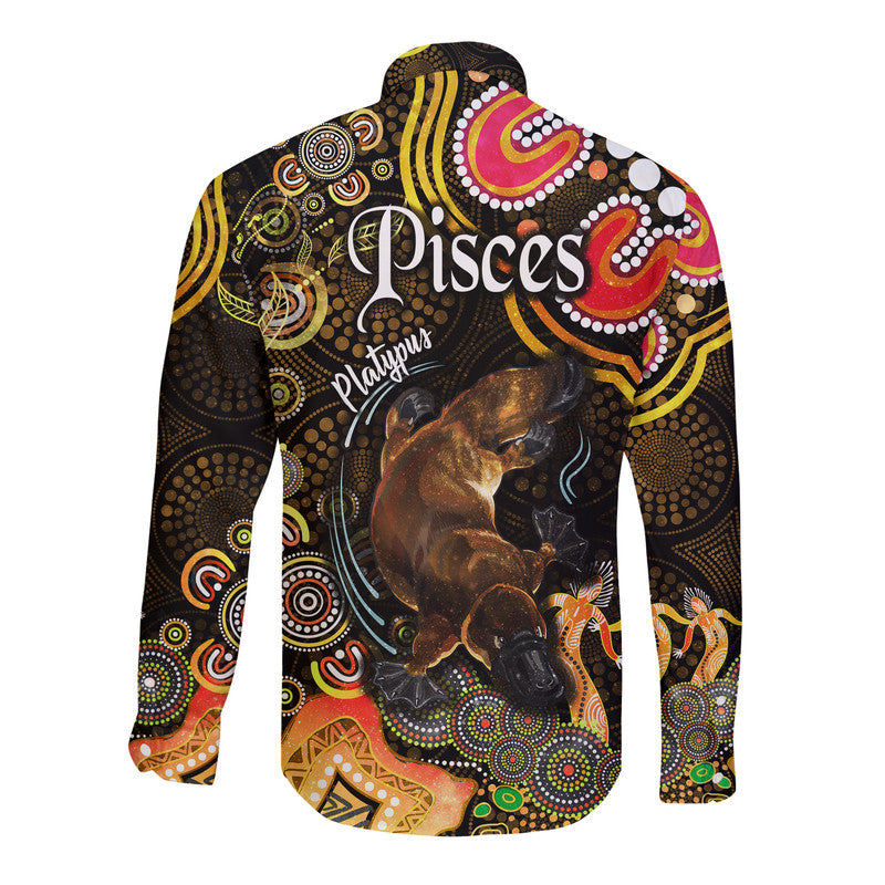 australian-astrology-hawaii-long-sleeve-button-shirt-pisces-platypus-zodiac-aboriginal-vibes-gold