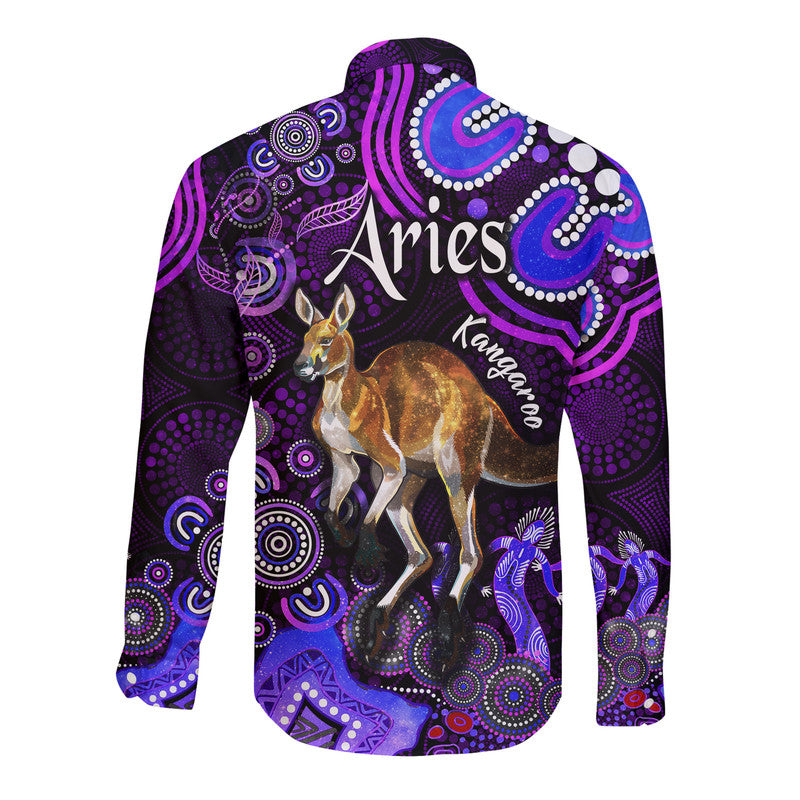 australian-astrology-hawaii-long-sleeve-button-shirt-aries-kangaroo-zodiac-aboriginal-vibes-purple