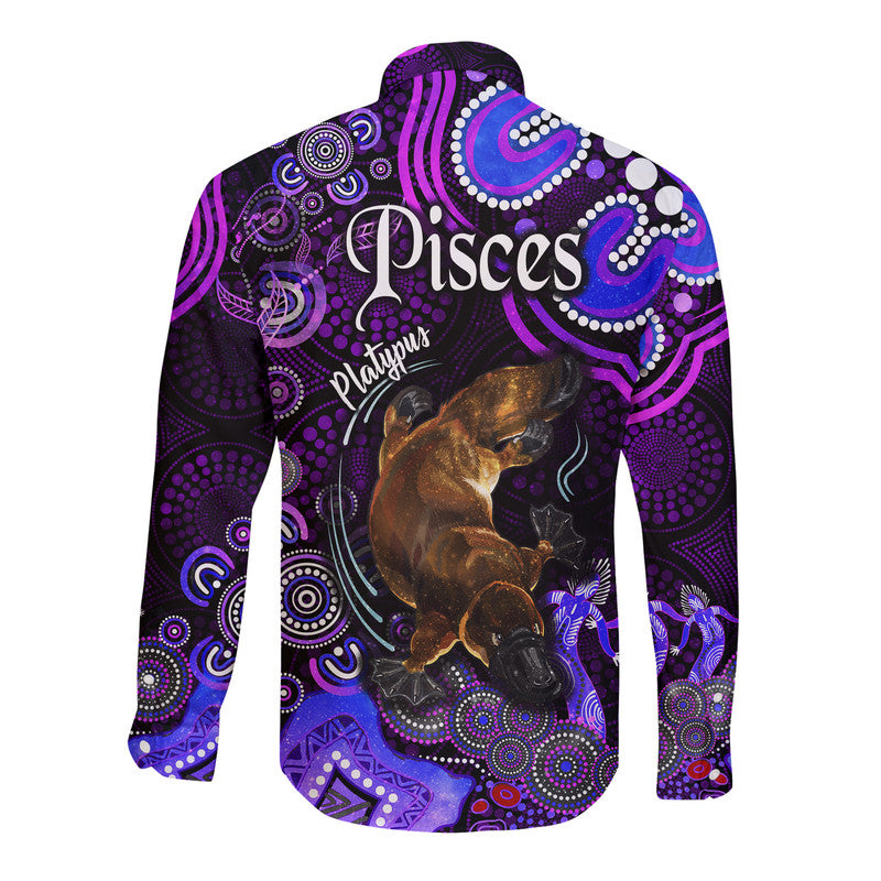 australian-astrology-hawaii-long-sleeve-button-shirt-pisces-platypus-zodiac-aboriginal-vibes-purple