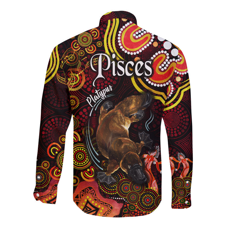 australian-astrology-hawaii-long-sleeve-button-shirt-pisces-platypus-zodiac-aboriginal-vibes-red