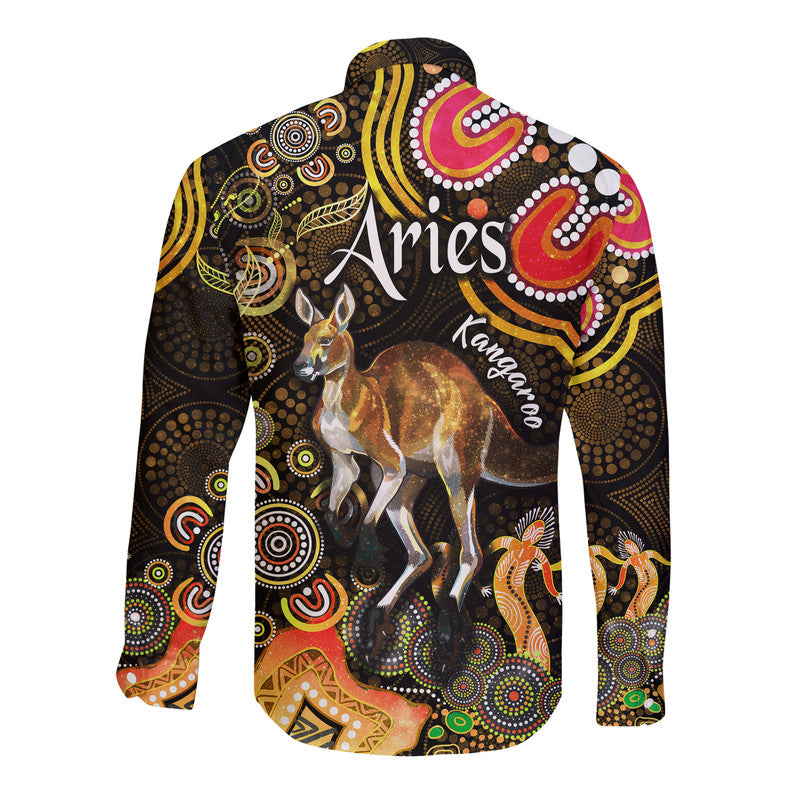 australian-astrology-hawaii-long-sleeve-button-shirt-aries-kangaroo-zodiac-aboriginal-vibes-gold