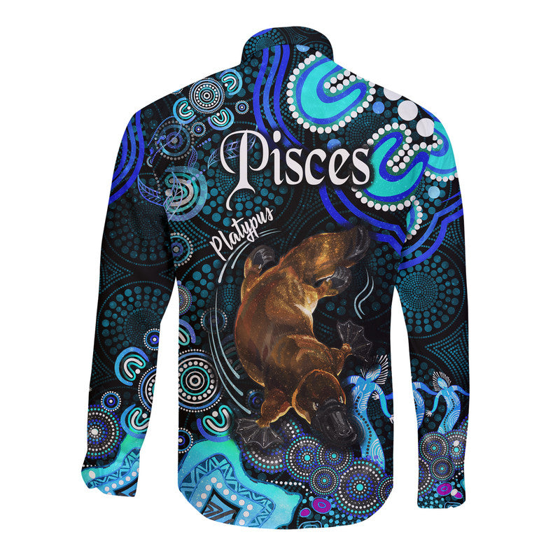 australian-astrology-hawaii-long-sleeve-button-shirt-pisces-platypus-zodiac-aboriginal-vibes-blue