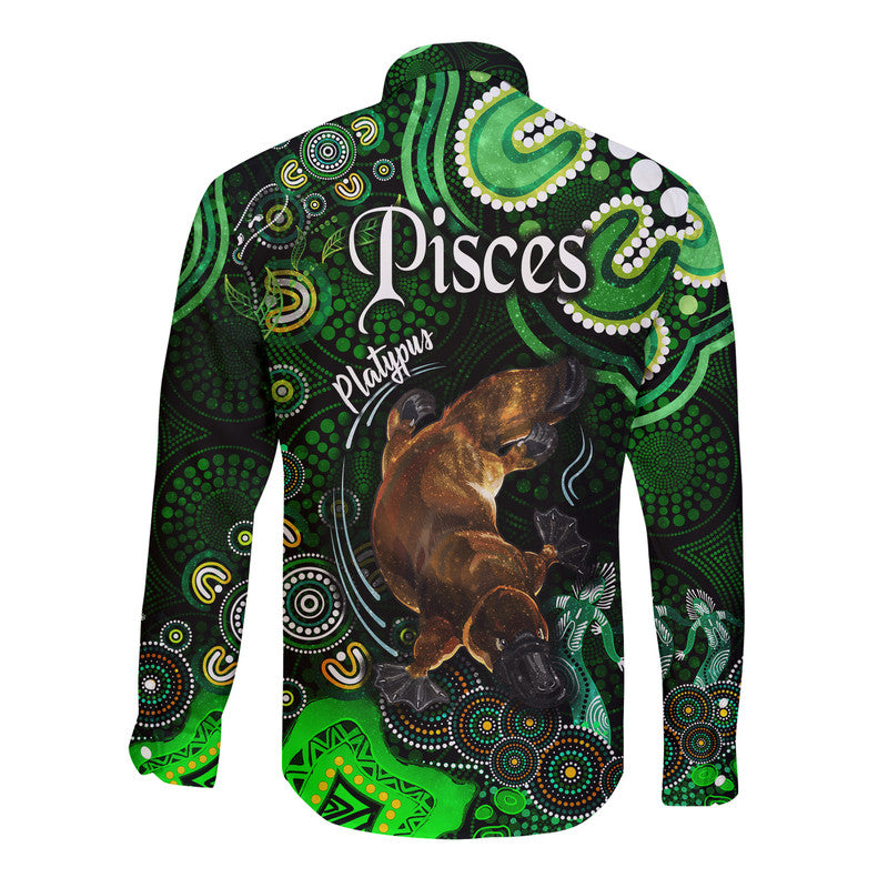 australian-astrology-hawaii-long-sleeve-button-shirt-pisces-platypus-zodiac-aboriginal-vibes-green