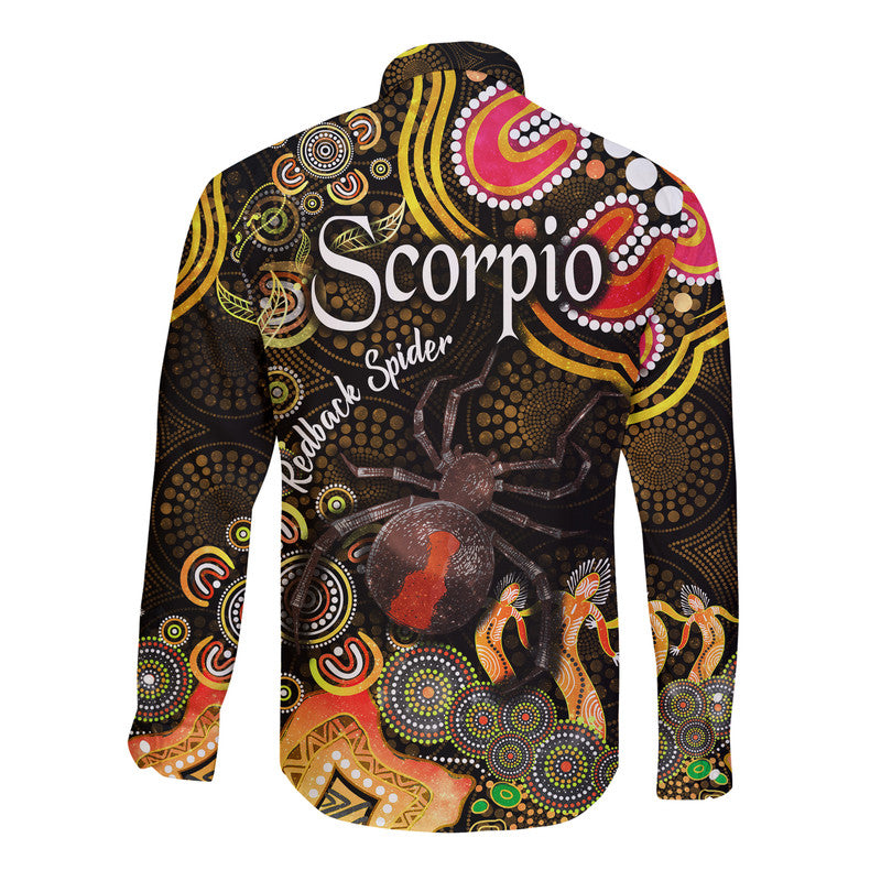 australian-astrology-hawaii-long-sleeve-button-shirt-scorpio-redback-spider-zodiac-aboriginal-vibes-gold