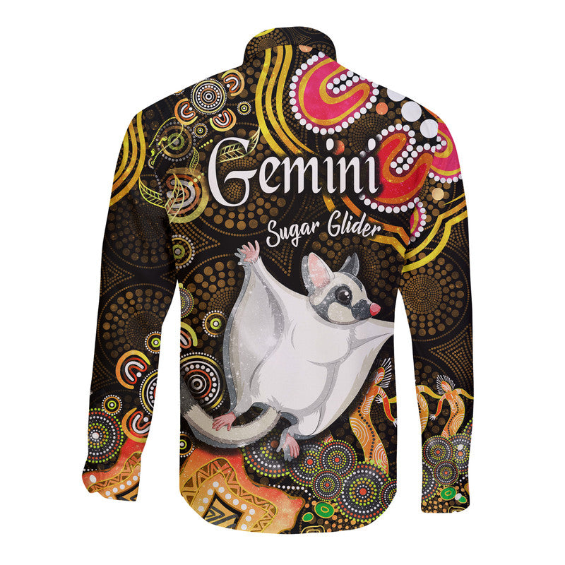 australian-astrology-hawaii-long-sleeve-button-shirt-gemini-sugar-glider-zodiac-aboriginal-vibes-gold