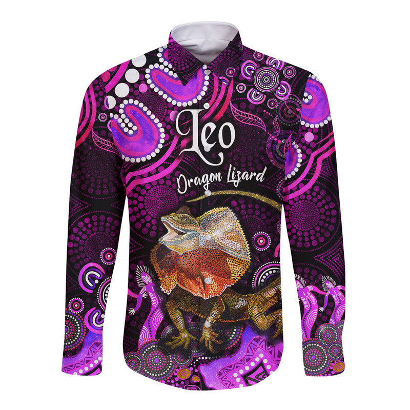 australian-astrology-hawaii-long-sleeve-button-shirt-leo-dragon-lizard-zodiac-aboriginal-vibes-pink