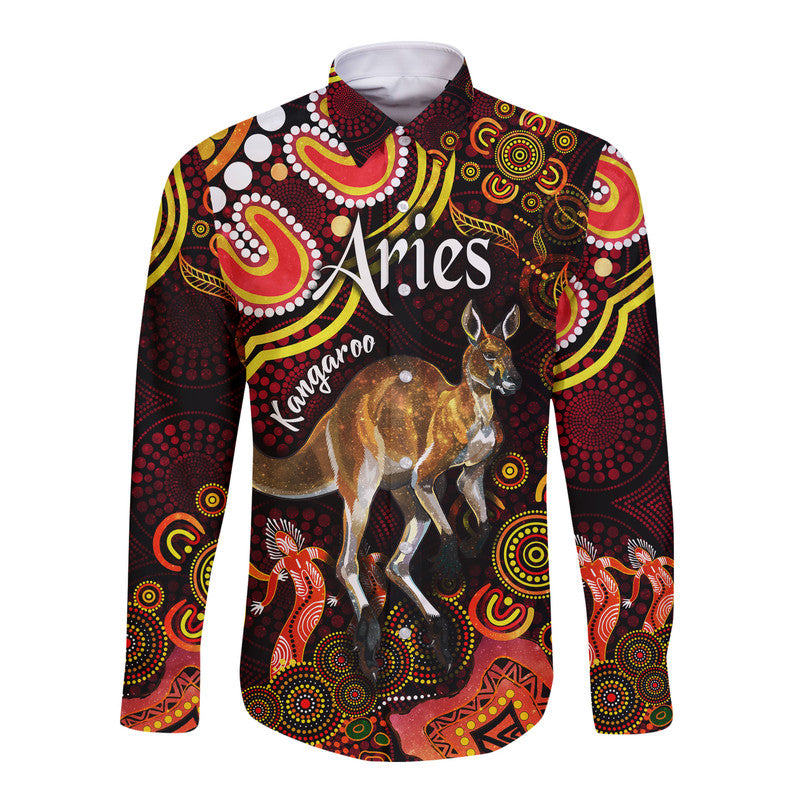 australian-astrology-hawaii-long-sleeve-button-shirt-aries-kangaroo-zodiac-aboriginal-vibes-red