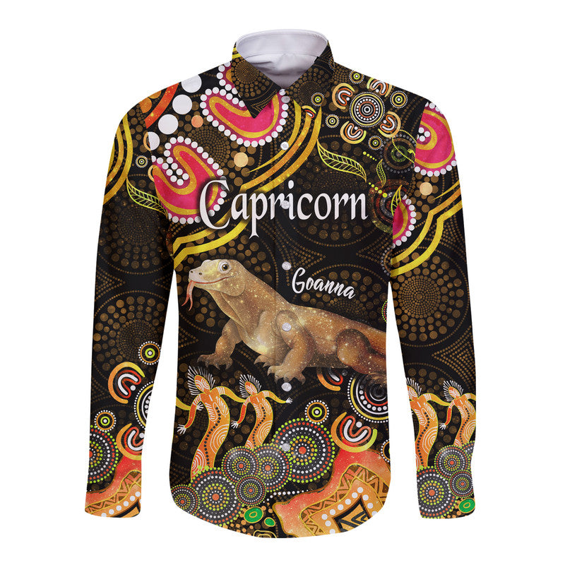 australian-astrology-hawaii-long-sleeve-button-shirt-capricorn-goanna-zodiac-aboriginal-vibes-gold