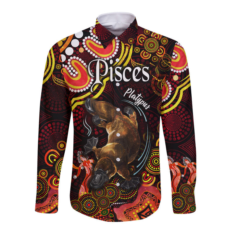 australian-astrology-hawaii-long-sleeve-button-shirt-pisces-platypus-zodiac-aboriginal-vibes-red