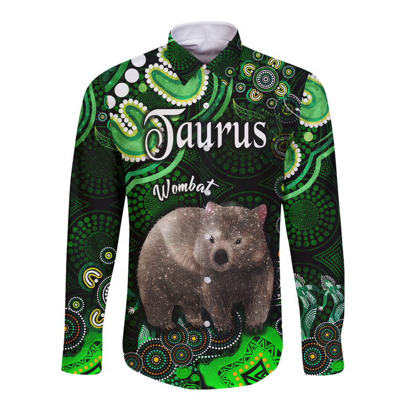 custom-personalised-australian-astrology-hawaii-long-sleeve-button-shirt-taurus-wombat-zodiac-aboriginal-vibes-green